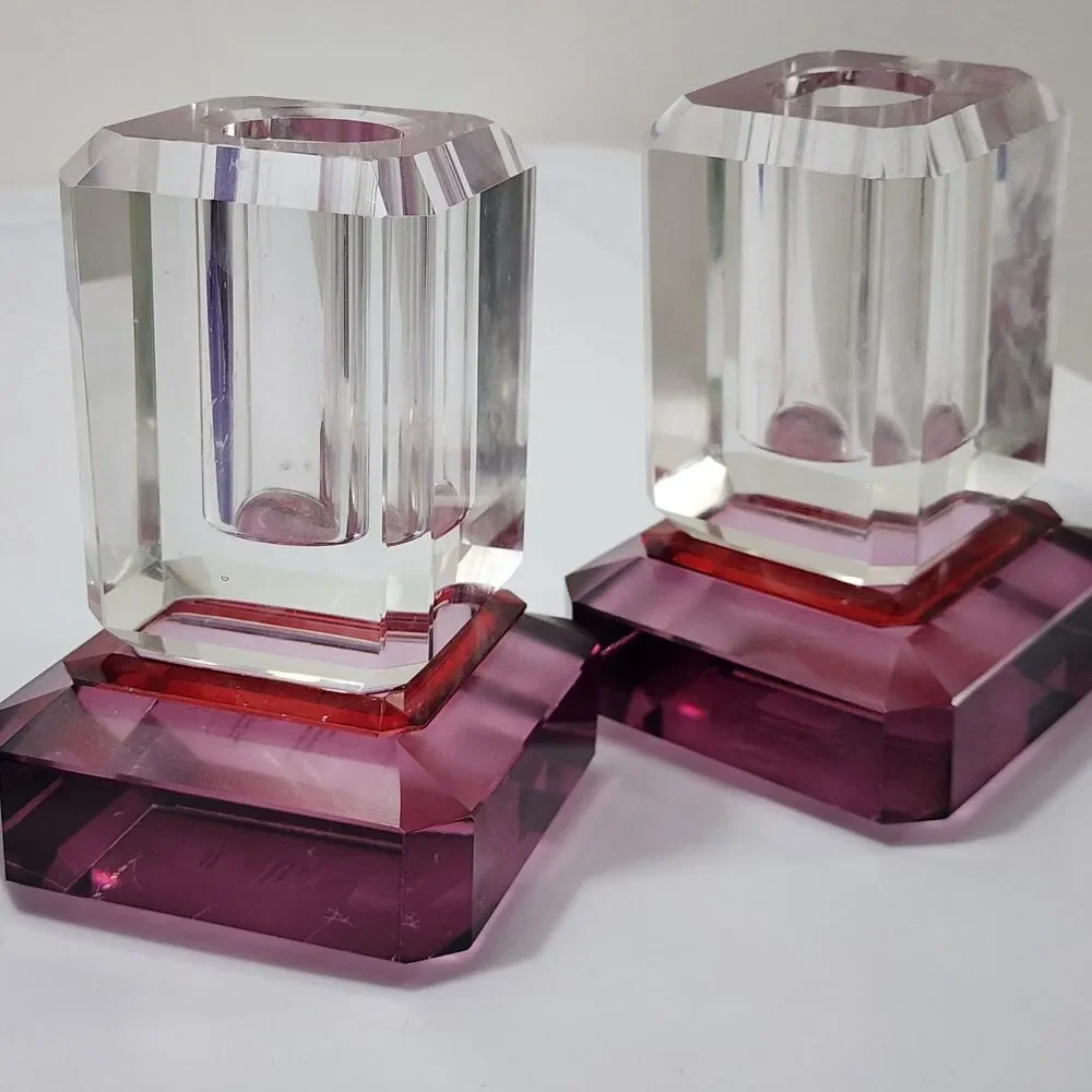 Anthropologie Crystal Cut Glass Vase Clear Pink 2Pc Set Stacked Footed Square